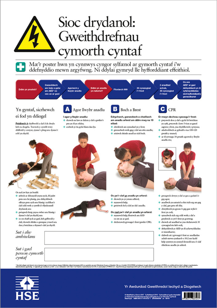 Sioc drydanol: gweithdrefnau cymorth cyntaf / Electric shock: first aid procedures (A2 poster) (Welsh)